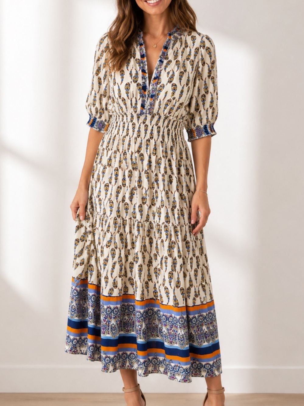 Lapis Women’s Size XL Paisley Feather Print Midi Dress Smocked Waist Ruffle Boho